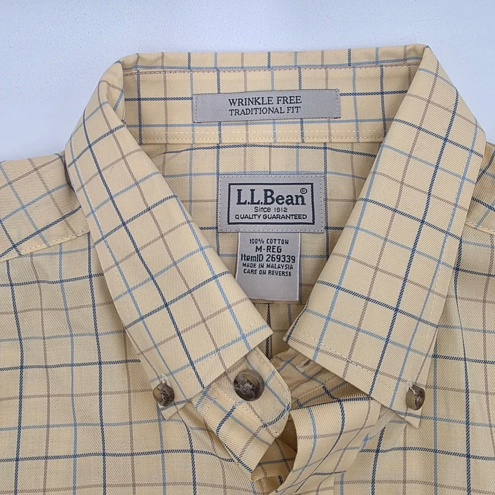 LL Bean Mens Yellow Blue Plaid Short Sleeve Button Down Shirt M Wrinkle Free